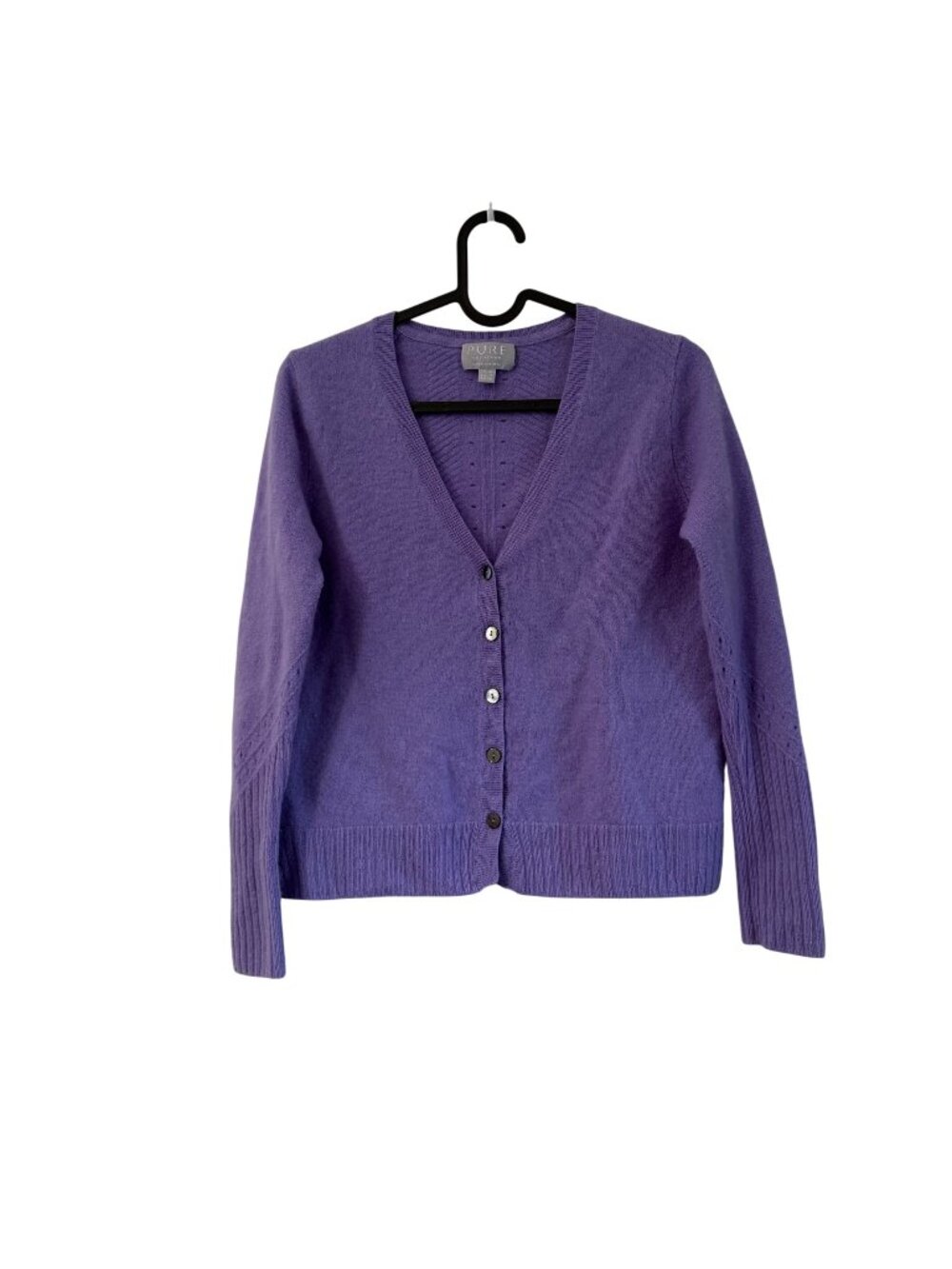 Pure Collection Purple 100% Cashmere Pointelle Back Button Cardigan Sweater 4